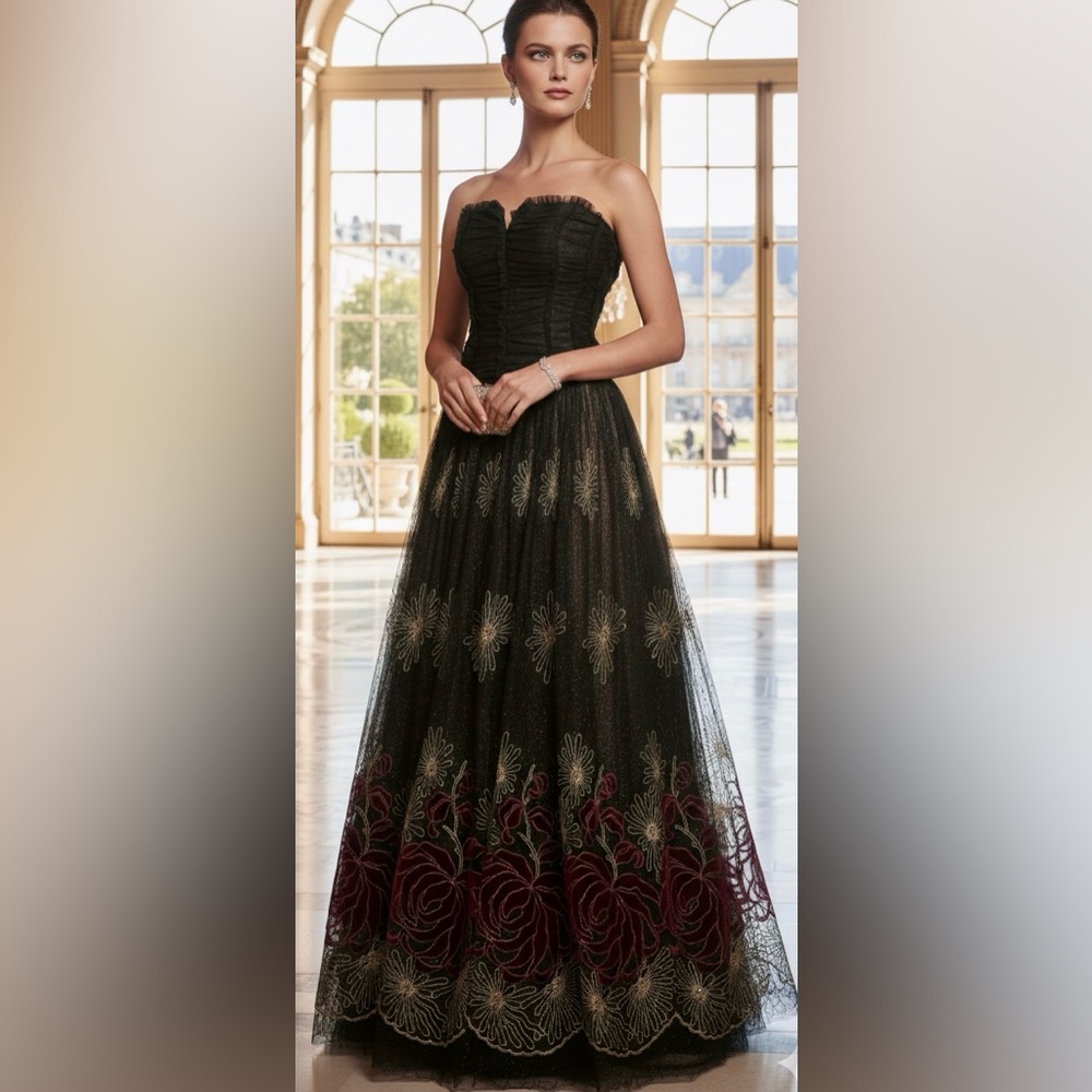 Peggy Jennings Couture Elegant Black and Burgundy Strapless Gown